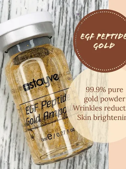 The EGF Peptide Gold ampoule from Stayve is a powerful anti-aging formula. It contains 99.9% pure gold powder and peptides to reduce wrinkles, strengthen elasticity, and promote skin regeneration.