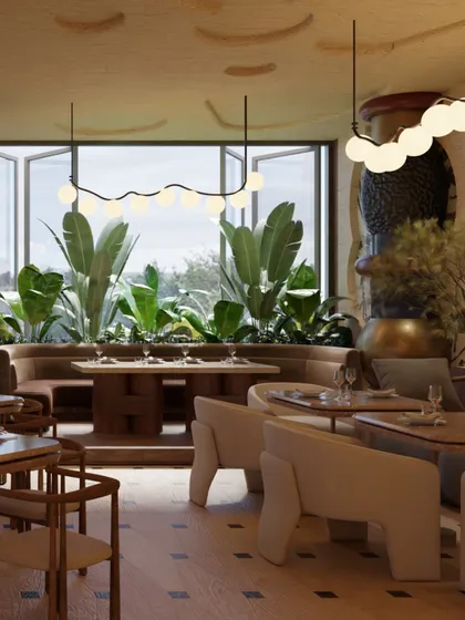 This render highlights the comfortable booth seating and lush greenery that define one of Skyro's dining zones. The large windows connect the interior to the outdoors, enhancing the feeling of being in a luxurious, modern jungle.