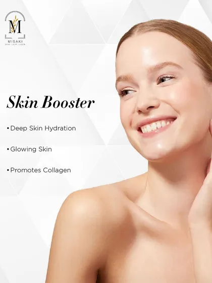 This graphic summarizes the top three benefits of our skin booster treatment. It provides deep skin hydration, promotes collagen for firmness, and leaves you with glowing, rejuvenated skin.