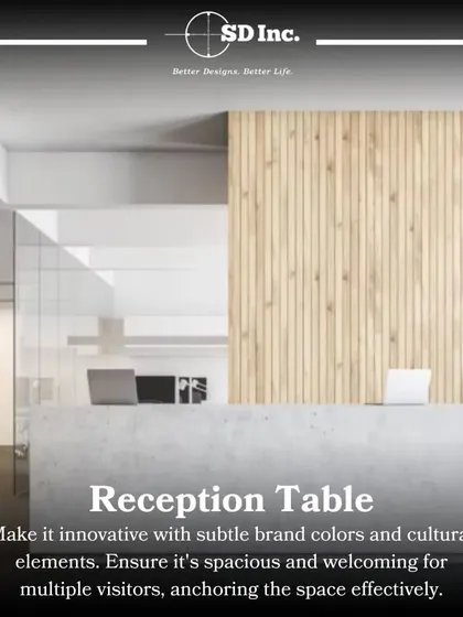 An innovative reception table design with a concrete finish and wood paneling. The desk is spacious and welcoming, anchoring the reception area and subtly incorporating brand elements.