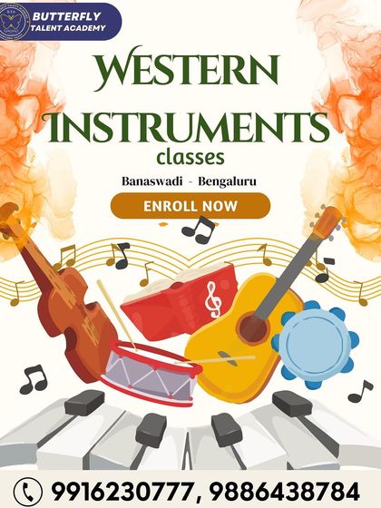 This graphic gives an overview of our Western instrument classes. We provide a comprehensive music education in guitar, drums, violin, and keyboard.