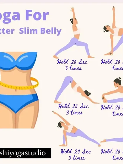 A visual guide from my studio showing a sequence of yoga poses for a flatter, slim belly, including Warrior, Triangle, and Downward Dog.