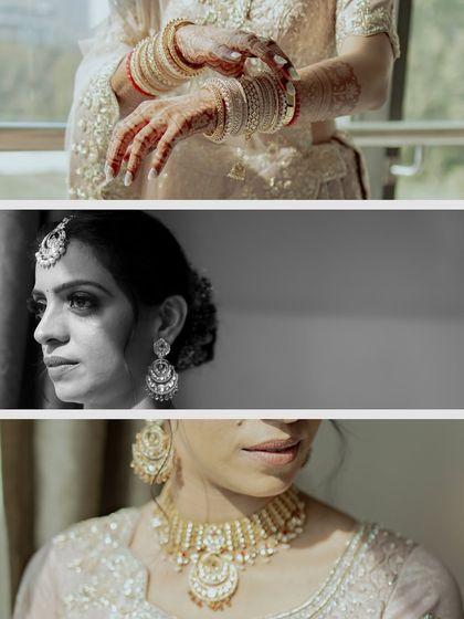 A collage of details from a wedding ceremony, focusing on the bride's jewelry and the intricate rituals involving hands and feet.