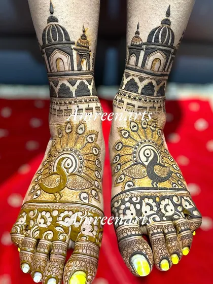A bold and beautiful foot design featuring large peacock figures under architectural domes.