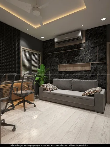 The full view of the home office, showcasing the balance between the dark, sound-absorbing wall panels and the light wood flooring.