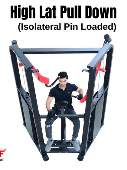 A top-down view of a user on the High Lat Pulldown, showing the wide grip and muscle engagement.