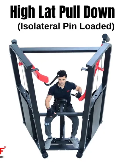 A top-down view of a user on the High Lat Pulldown, showing the wide grip and muscle engagement.