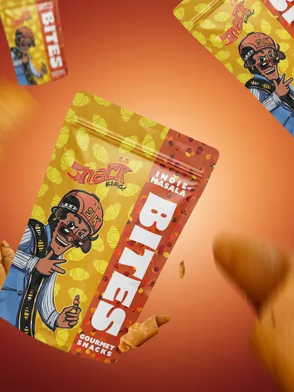 A dynamic shot of snack packaging with the product appearing to fly out. The motion blur and vibrant background create a sense of energy and excitement, making the snack look irresistible.