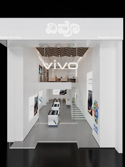 The entrance view of the Hyderabad retail store. The facade is designed to be modern and impactful, drawing customers in from the street with its clean branding and tall entryway.