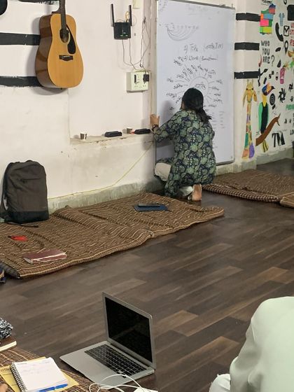A student writes on the whiteboard during a "Be a Jagrik" session. We encourage active participation and youth-led discussions on constitutional values.