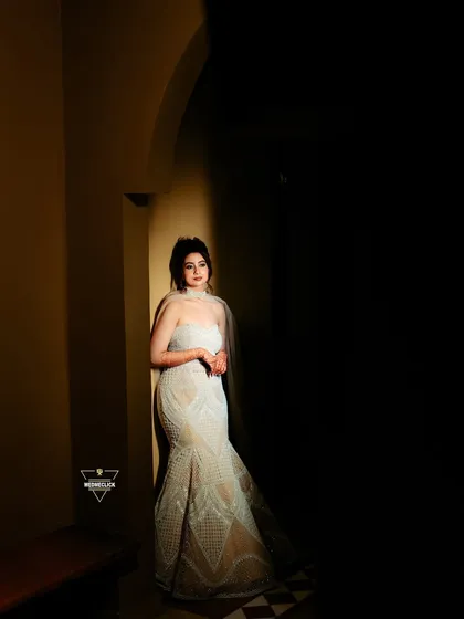 A dramatic portrait of the bride, using a single light source to create a spotlight effect that highlights her beauty.