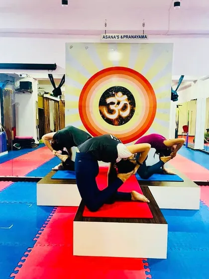 A group of students practicing Kapotasana on raised platforms. Using props can help to make the entry into this deep backbend more accessible.