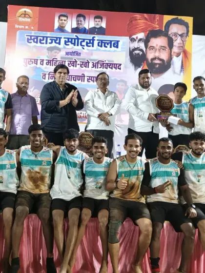 The men's team celebrating their title win at the Mumbai-Suburban District Championship 2025, organized by Swarajya Sports Club.