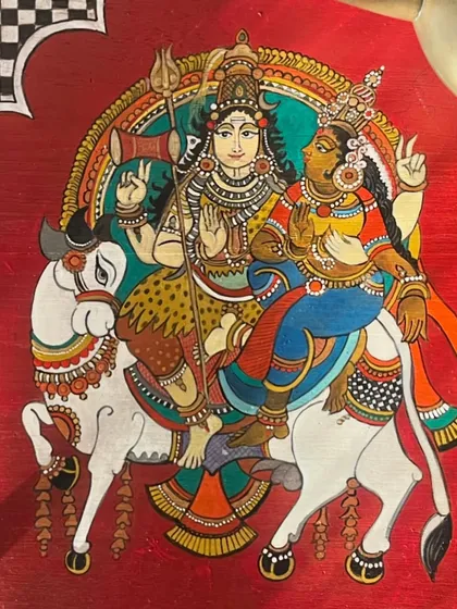 This detailed view highlights the fine brushwork and traditional color palette used to depict Uma Maheshwar. Every element is carefully rendered to honor the artistic traditions that inspire my work.