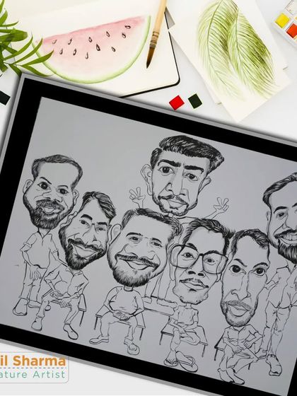 The group of friends caricature in black and white, displayed digitally. This shows how the initial sketch looks before it's printed or colored.