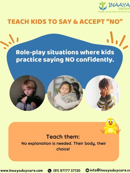 An infographic encouraging parents to teach children how to say and accept "no." We explain that their body is their choice and no explanation is needed.