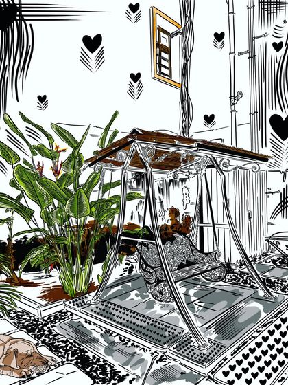 I found some creative inspiration at a cozy cafe. This doodle captures a quiet moment on a garden swing, turning a simple coffee break into a piece of art.