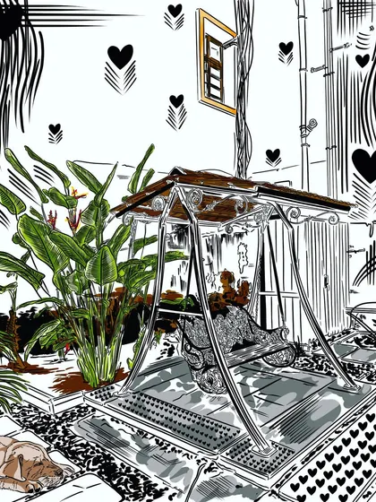 I found some creative inspiration at a cozy cafe. This doodle captures a quiet moment on a garden swing, turning a simple coffee break into a piece of art.