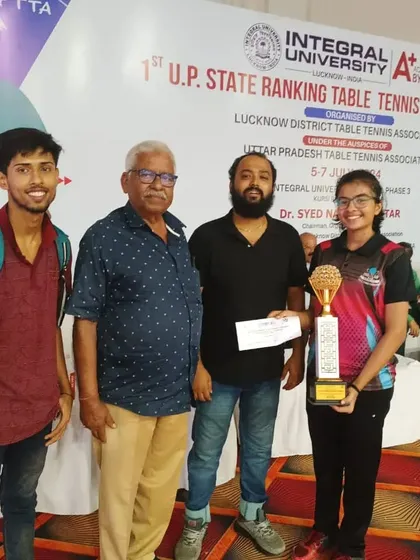 A moment of celebration for Samriddhi Sharma and her coaches after her U-15 Girls Gold medal win in Lucknow.