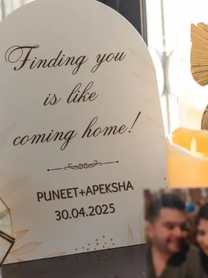 "Finding you is like coming home." We love incorporating meaningful quotes into the decor. This personalized sign for the couple, complete with their wedding date, added a deeply personal touch to their intimate Roka ceremony.