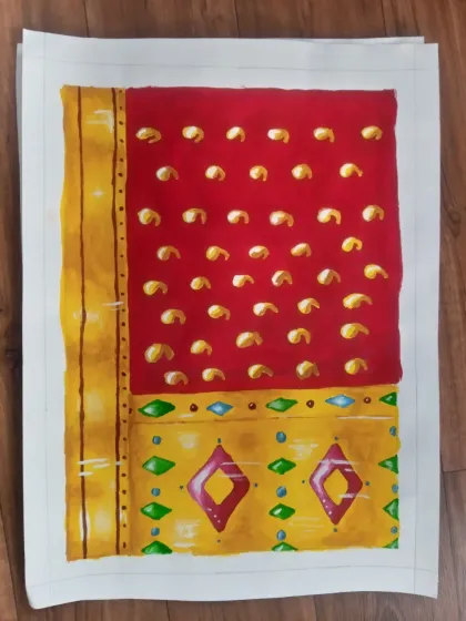 Anaya, a 7th standard student, painted this traditional saree design using poster colours. The artwork showcases a classic red and yellow combination with intricate patterns on the border.