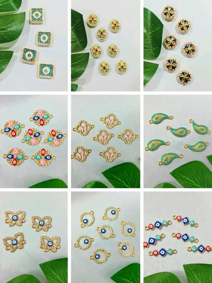 Our Rakhi charms come in many unique designs, such as these evil eye and floral enamel pieces. They are perfect for creating personalized and modern Rakhis.