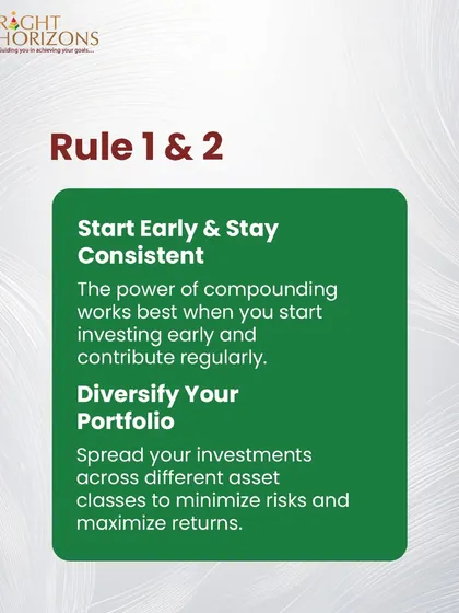 This infographic covers rules 1 and 2 of smart investing. We stress the importance of starting early to leverage compounding and diversifying your portfolio across different asset classes to minimize risk and maximize returns.