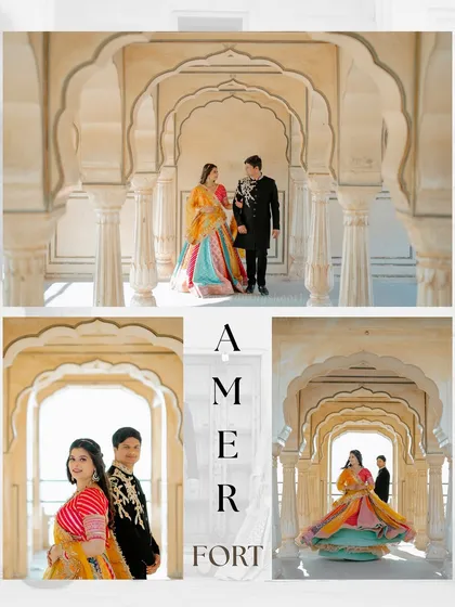 A collection of photos from Shekar and Shreyarani's shoot, showcasing the beautiful arches and corridors of Amer Fort as a backdrop.