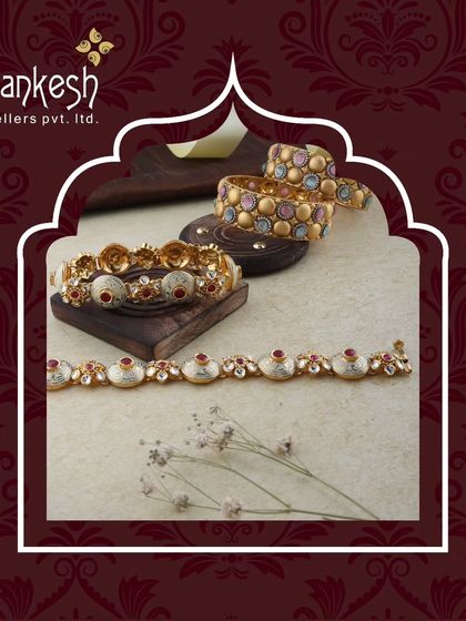 A showcase of our diverse bangle collection, including modern designs with coloured stones and intricate patterns, perfect for stacking and creating a unique style statement.