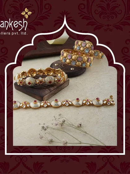 A showcase of our diverse bangle collection, including modern designs with coloured stones and intricate patterns, perfect for stacking and creating a unique style statement.
