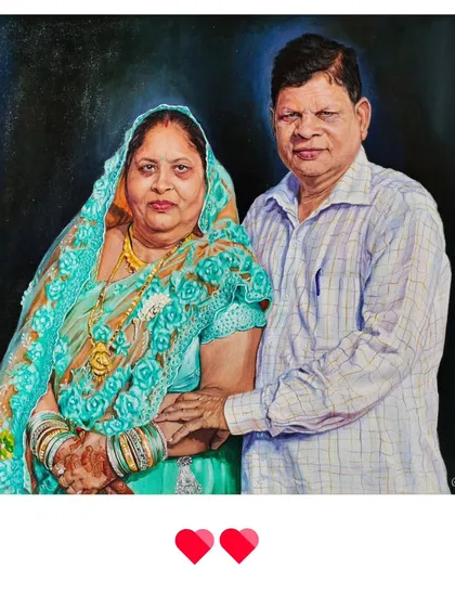 The full view of my first canvas portrait of my grandparents, a piece that holds immense sentimental value for me and my family.