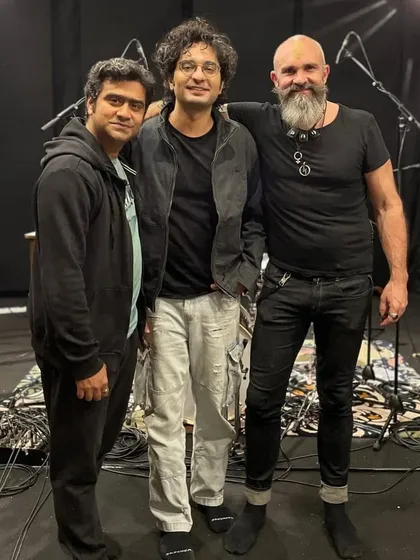 A group photo with sarodist Arnab Da and drummer Nicci Notini after our successful jam session. Music truly connects people across cultures.