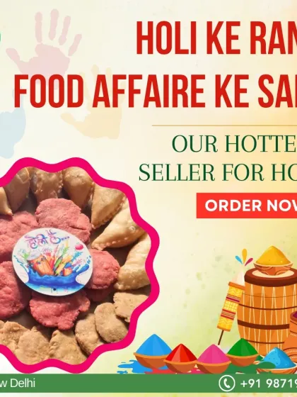 Holi ke rang, Food Affaire ke sang. Our platter of Gujiya and mathri is the hottest seller for Holi. Order your hampers early to get special goodies with your purchase.