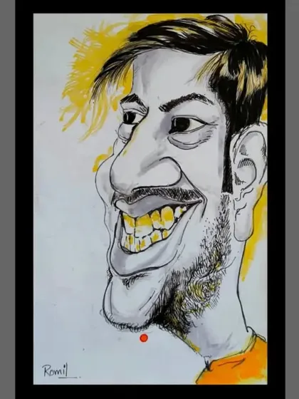 A solo caricature with a huge, infectious grin. The use of minimal color helps the bold black lines and expressive face stand out.