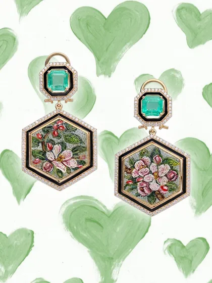 My Emerald Garden Earrings, a perfect way to say "I love you." This pair features micromosaic apple blossoms, Zambian emeralds from Gemfields, and a touch of black enamel.