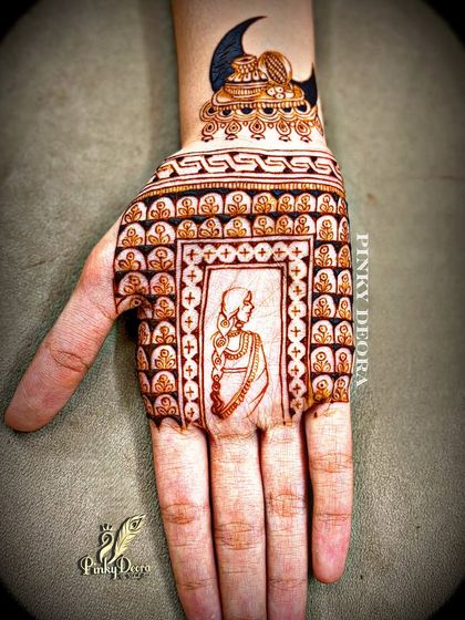 A simple yet elegant Karwa Chauth design. It features a woman in a window frame, with a crescent moon and sieve motif on the wrist, capturing the essence of the festival.