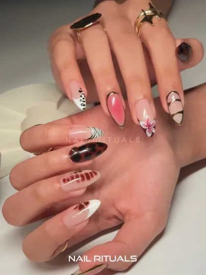 A playful and chic set that showcases a different vibe on every finger. From tortoise shell to delicate florals, this manicure is for those who can't pick just one style.