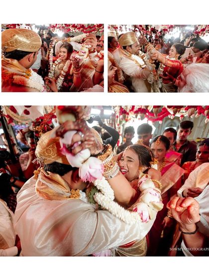 A collage of high-energy moments from a royal wedding, including the couple being lifted up by family during the garland exchange.