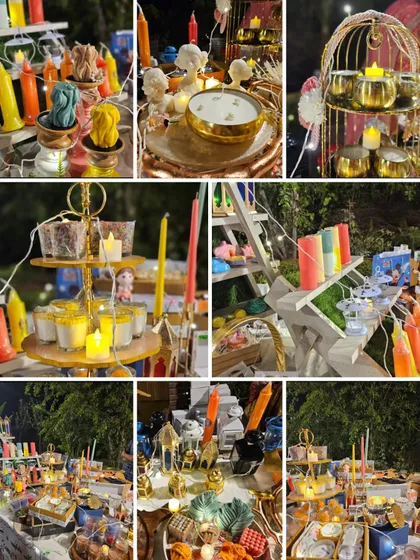 This collage showcases a variety of my candles that were supplied for a client's exhibition stall. It demonstrates the wide range of styles I can provide to create a stunning and cohesive display for any event.