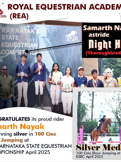 Congratulations to our rider Samarth Nayak for winning a silver medal in 100 cm Show Jumping at the Karnataka State Equestrian Championship. His hard work and spirit have truly paid off.