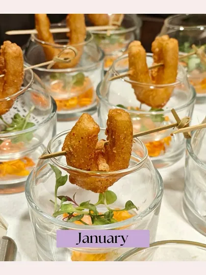 A shot of our crispy appetizers served in individual glasses from a January event. This highlights our consistent quality and creative presentation throughout the year.