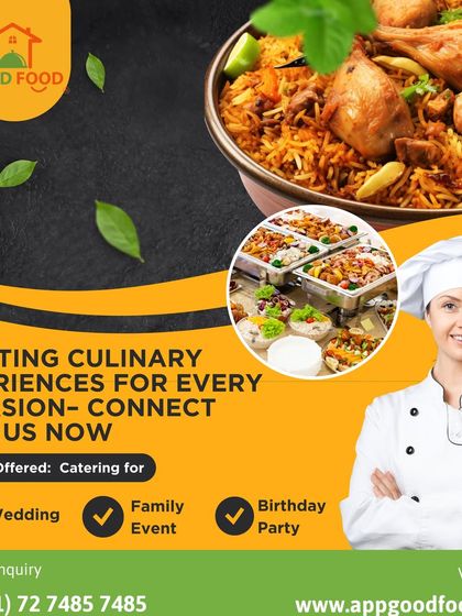 We craft culinary experiences for every occasion, from weddings to birthday parties. This graphic showcases our service offerings alongside our delicious biryani and professional chefs.