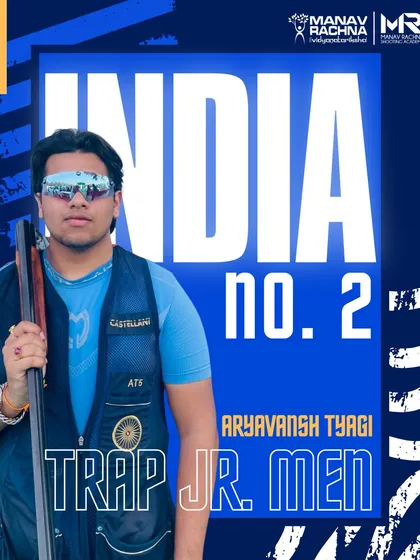 We track and celebrate the rise of our athletes through national rankings. This graphic honors Aryavansh Tyagi's achievement of securing the No. 2 rank in Junior Trap Men, a result of his dedicated training at our academy.