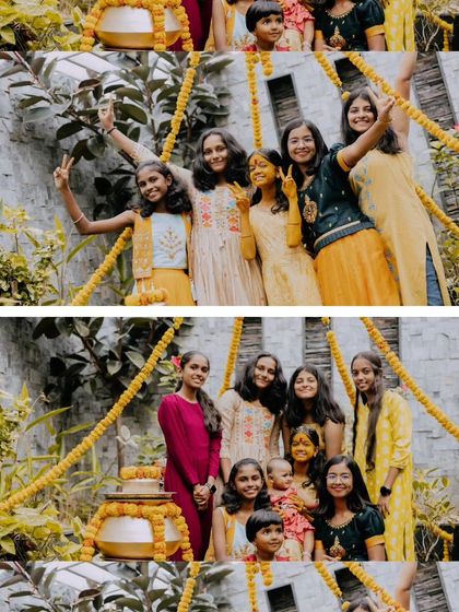 A collage of a young woman with her friends and family during her joyous Half Saree Haldi ceremony.
