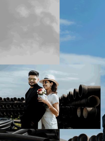 A collage that captures the cool and confident vibe of the couple during their unique, industrial-themed pre-wedding shoot.