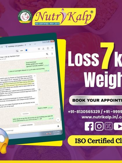 This client shares a WhatsApp chat screenshot celebrating a 7 kg weight loss. She thanks our team for their support in managing her thyroid and helping her fit back into her old clothes.