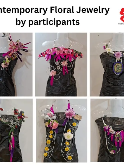 Our curriculum goes beyond traditional arrangements. Here, you can see the unique and creative contemporary floral jewelry our students learn to craft, a skill that sets them apart in the design industry.