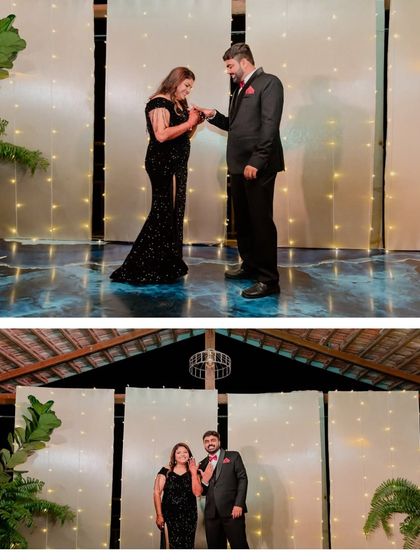 The ring exchange at the cocktail party, a significant moment marking the beginning of their celebrations.