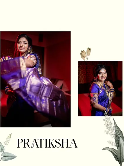 A dynamic portrait of the bride Pratiksha, with the fabric of her royal blue saree in motion.