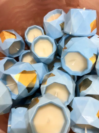 I love bringing your unique ideas to life. I customized these beautiful geometric jar candles in a lovely pastel blue with gold foil accents for a special baby announcement hamper.